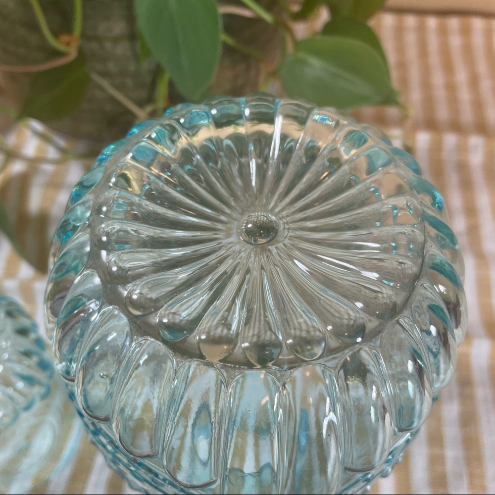 SOLD - Glass Tumble Up Carafe With Cup Blue Glass Embossed - Picture 6 of 7